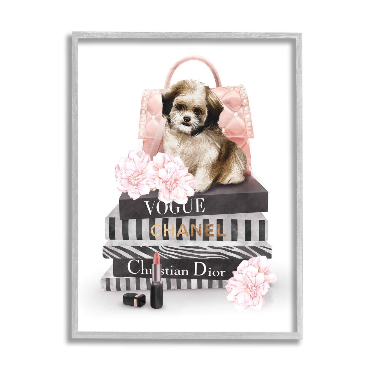 Stupell Industries Fluffy Puppy on Fashion Books Pink Florals Framed Wall Art